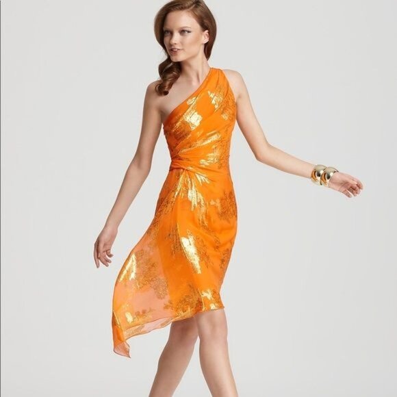 David Meister Silk Metallic Foiled Floral One Shoulder Orange Party Dress 6 - Picture 1 of 9